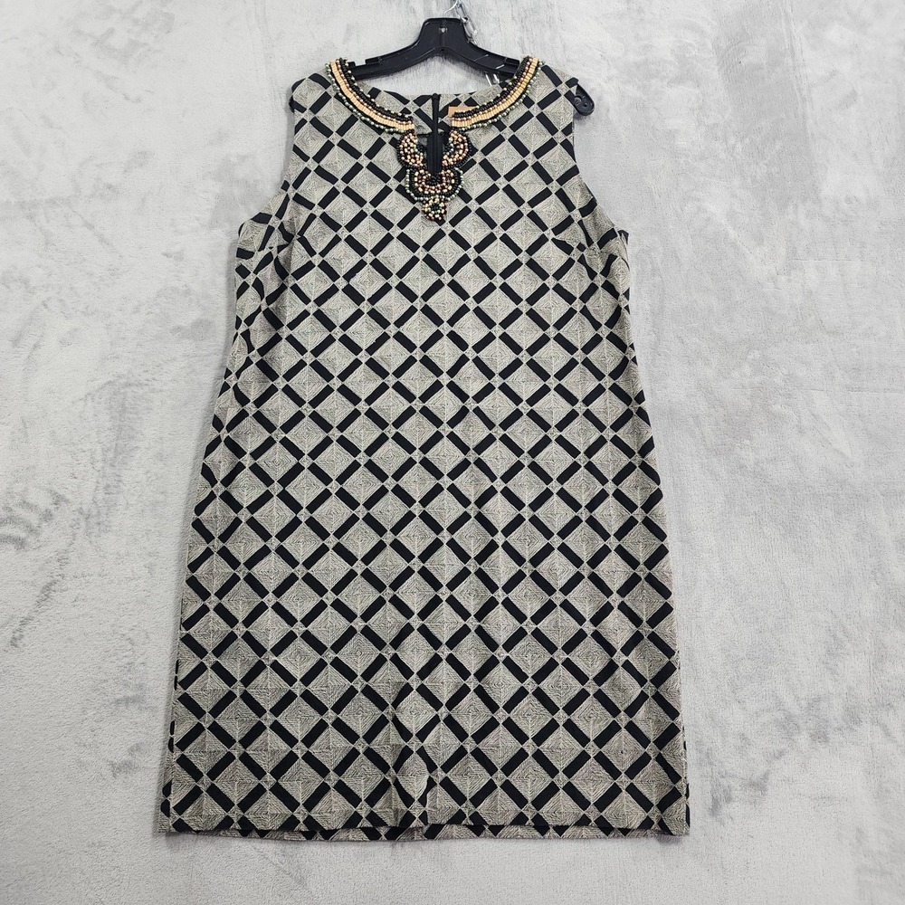 Ellen Tracy Dress Womens 16 Black Geometric Beaded Neck Linen Blend Shift Party